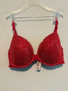 Victoria's Secret Red Lace-Trimmed Push-Up Bra with Metallic Grid